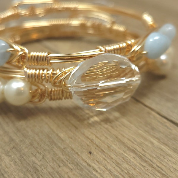 Aquamarine bangle, pearl bangle  and crystal bangle set of 3 wire wrapped stackable bangle bracelets, Bourbon and Boweties inspired set