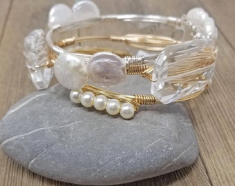 Bride bracelets, Wedding jewelry Crystal and keshi pearls set of 3 Bourbon and Bowetie inspired bangle bracelets--bangles for brides maids