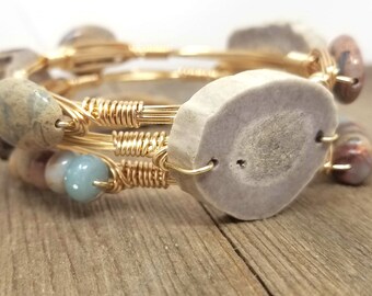 Deer antler slice bangle,Aqua terra jasper oval and cluster bangle set of 3 bracelets