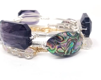 Abalone shell bangle and crystal bangles set of 3 bracelets/ purple bracelet / shell bracelet