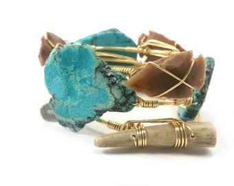 Turquoise bracelet, arrowhead bangle and antler bangle set of 3 designer bangle bracelets/stackable bracelets/western bracelet/wire bracelet