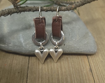 Leather heart earring with pewter ring, heart charm earring