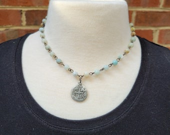 Amazonite beaded rosary chain short necklace with silver coin pendant