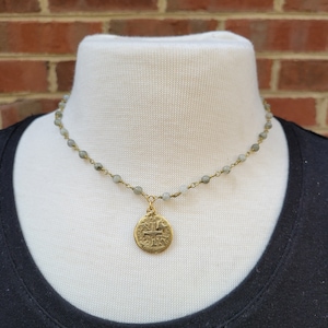 Labradorite beaded rosary chain short necklace with gold coin pendant