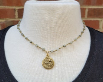 Labradorite beaded rosary chain short necklace with gold coin pendant