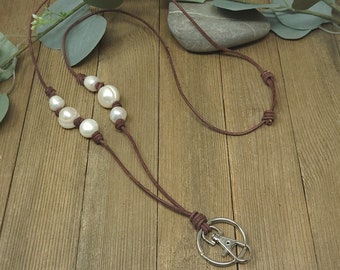 Leather lanyard--pearl and amazonite lanyard/ name badge holder/ key holder necklace