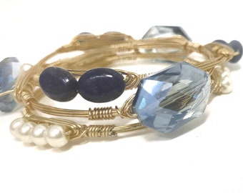 Blue crystals, lapis lazuli, and glass pearls set of 3 bourbon and boweties inspired bangle bracelets / designer bangles