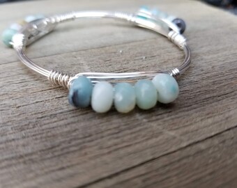 Amazonite abacus cluster bangle bracelet, Bourbon and bowties inspired wire wrapped bangle bracelet, blue bangle