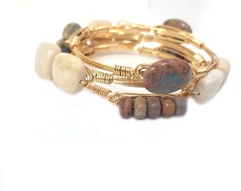 Aqua terra jasper bangle, feldspar bangle set of 3 bracelets/ bourbon and boweties inspired/ African opal bangles