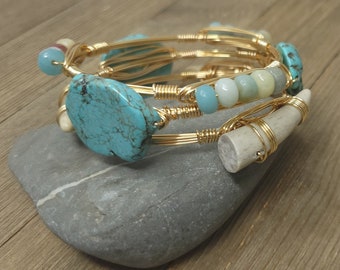 Turquoise bracelet, amazonite bangle and antler bangle set of 3 designer bangle bracelets/stackable bracelets/western bracelet/wire bracelet