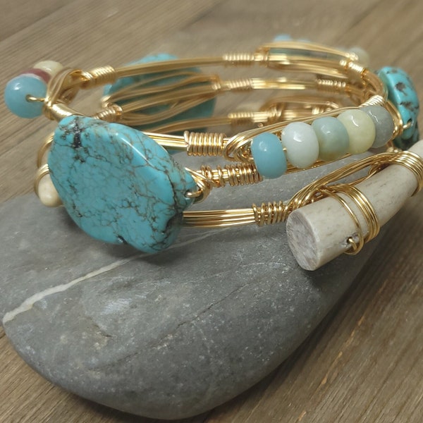 Turquoise bracelet, amazonite bangle and antler bangle set of 3 designer bangle bracelets/stackable bracelets/western bracelet/wire bracelet