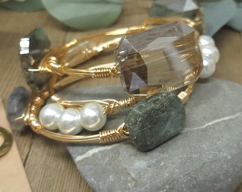 Labradorite, grey crystal and pearl bangle stack, wire wrapped bangle set of 3