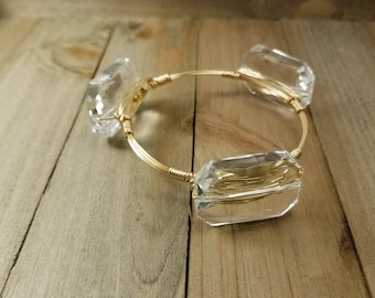 Large clear crystal bangle bracelet, Bourbon and bowties inspired wire wrapped bangle bracelet, Crystal bracelet