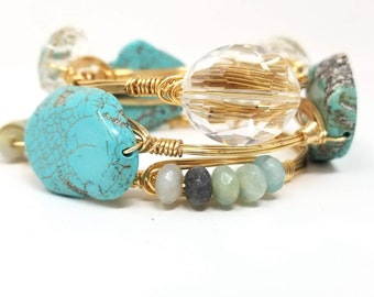 Turquoise slab bangle, Amazonite cluster bracelet, crystal bangle set of 3 bangles, spring bangle set,bourbon and boweties inspired bangles
