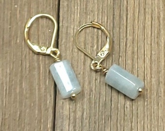 Aquamarine column earrings with gold or silver plated lever back wires