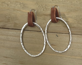 Antique silver rustic organic hoop earing with leather loop