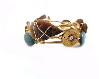 Shotgun shell bangle bracelet, arrowhead bangle and turquoise bracelet set of 3 wire wrapped bangles, bourbon and bowetie inspired bracelets