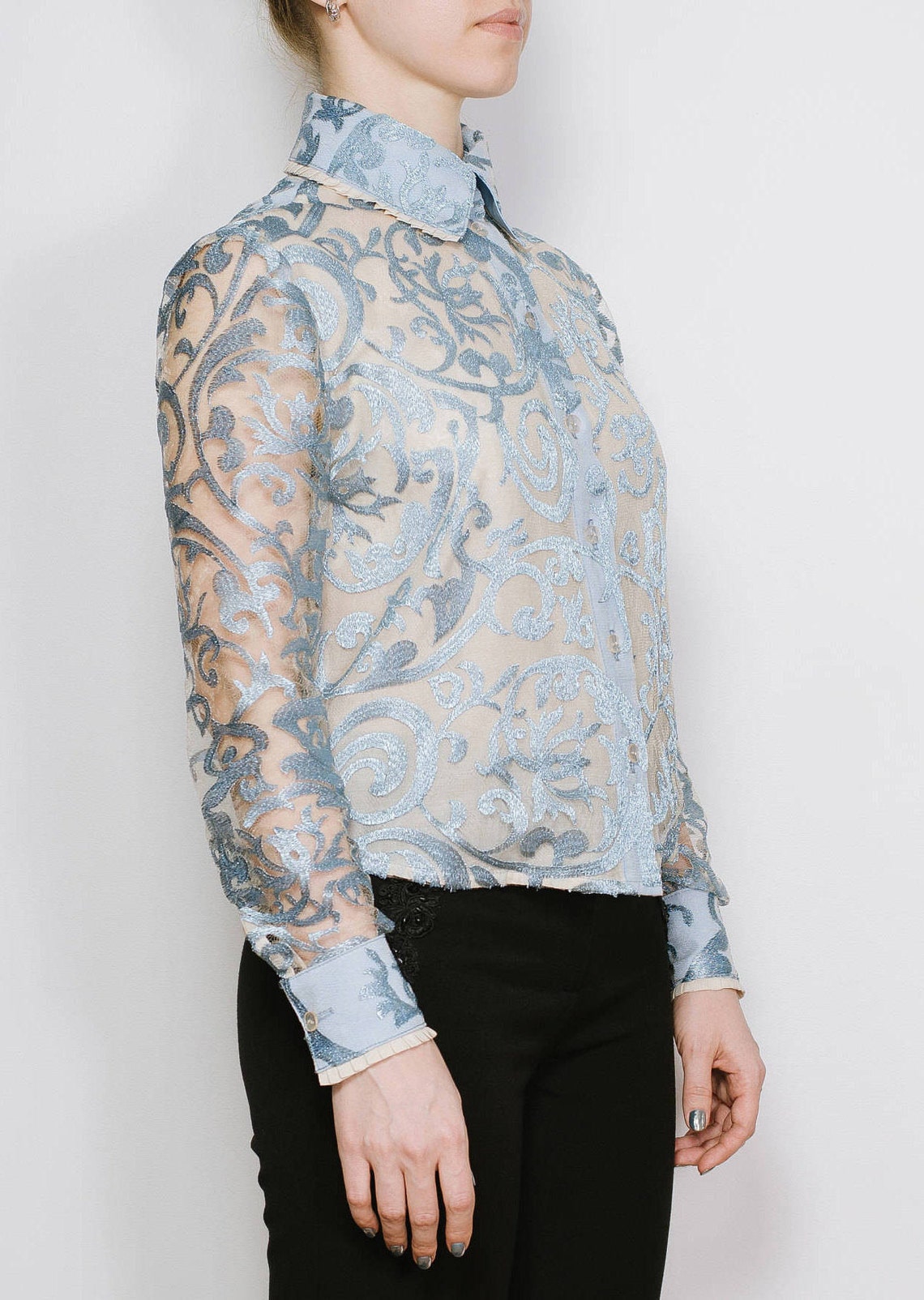 Silk Organza Lace Shirt Light Blue Blouse Light Blue Shirt Etsy