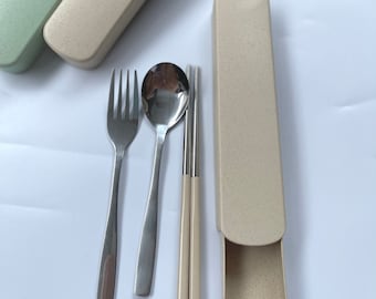 Portable Cutlery Set, Travel Cutlery Set, 3 piece cutlery with cover, stainless steel cutlery, custom name reusable cutlery set