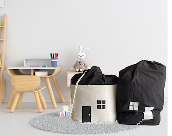 Custom Nursery Storage Organizer Collapsible Cotton Canvas Storage Bag Drawstring Bag for Kids House Design Black White  Toy Clothes Storage