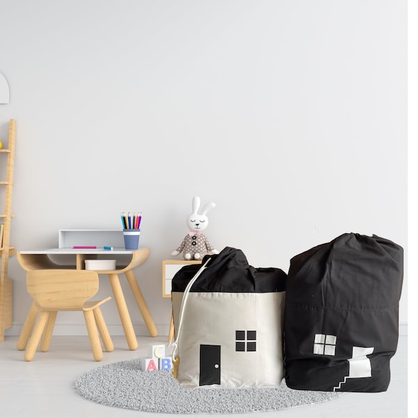 Custom Nursery Storage Organizer Borsa pieghevole in tela di cotone Borsa con coulisse per bambini House Design nero bianco giocattolo vestiti Storage