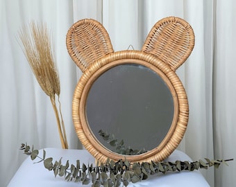 Handmade Rattan Bear Mirror, Nursery Mirror, Animal Shape Mirror, Natural Bear Home Decor, Decoration for Children Bedroom