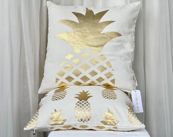 Golden Pineapple Pillow, Decorative Throw Pillow Cushion Cover, Tropical Decor Cushion Cover, Tropical Hawaiian Decor, Gold Print Cotton