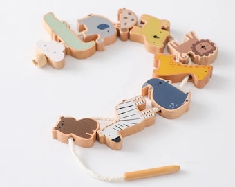Wooden Lacing Toy, Threading Toy Play Set, Montessori Baby Toys, Motor Skills Development Toddler Learning Toy, Animal Shape Toy