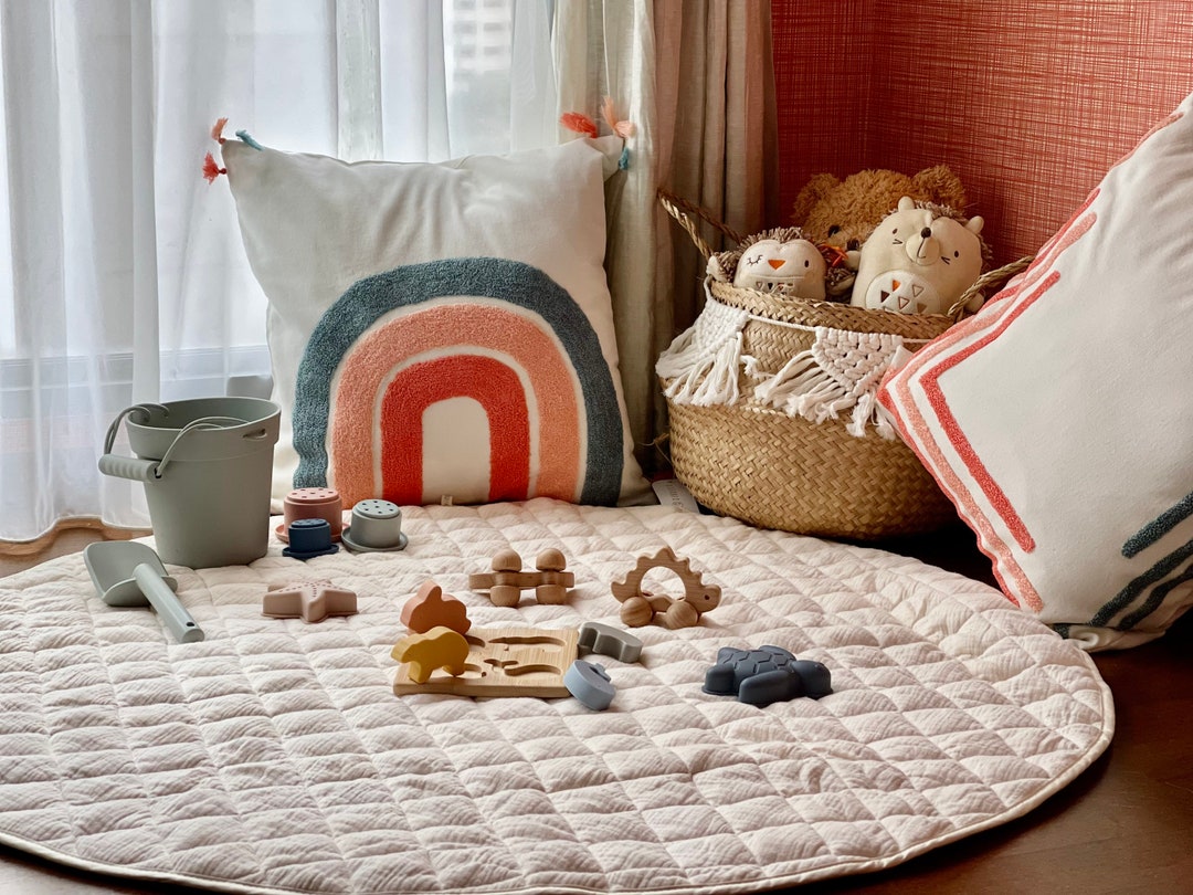 Natural Linen Baby Play Mat, Round Linen Quilted Playing Rug, Baby Gym