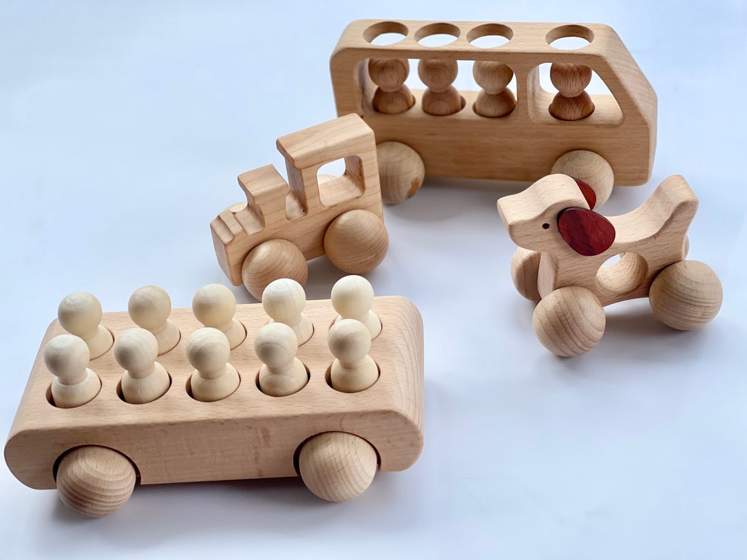 Wood Toy Car Wooden Bus Wooden Peg Dolls Educational Montessori Toys 