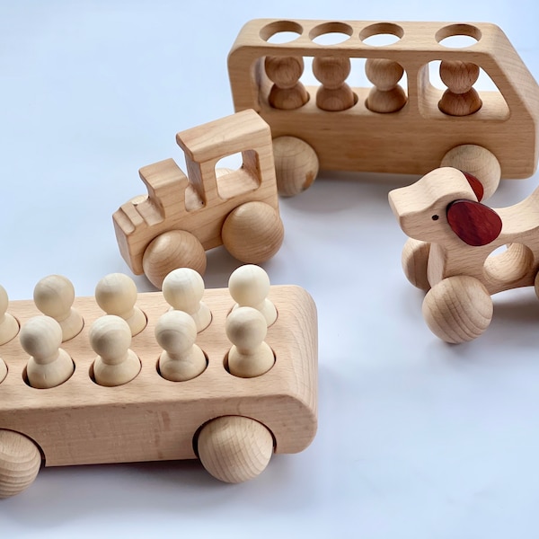 Holzspielzeugauto, Holzbus, Holzpflockpuppen, pädagogisches Montessori-Spielzeug Kleinkinder, Spielzeug auf Rädern, Waldorf-Babyspielzeug