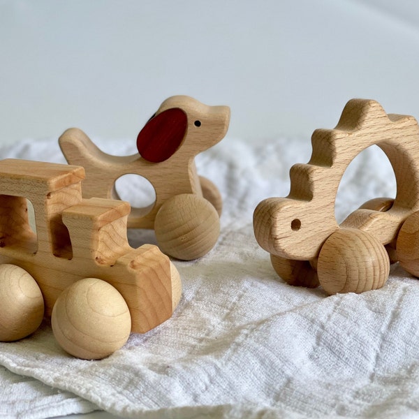 Holzspielzeugauto, Dinosaurier / Zug / Hundespielzeug auf Rädern, Waldorfspielzeug, umweltfreundliches Spielzeug Dekor, Montessori Spielzeug Schiebeauto, Baby Willkommensgeschenk