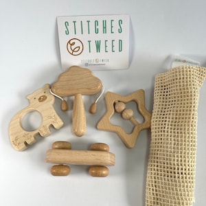 Montessori Toys Essential Gift Set of 4 Natural Wooden Rattles Wooden Car, Eco-friendly Beechwood Toys, Educational Toys, Baby Gift Set Toy