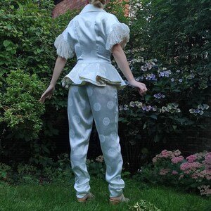 Bespoke handmade trouser suit UK 10 white silky peplum suit roses patterned oversized collar romantic ethereal theatrical pant suit costume