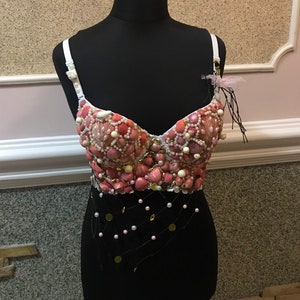 Bra Shell pink Dance seashell fishnet mermaid Raw Wedding  top costume Sea Bridal masquerade Custom sea queen accessories show