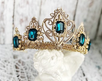Tiara Headband Crown Bridal Wedding Gold Deep Blue Tiaras for Wedding Headpiece Crystal Queen Medieval Birthday crown adult Raw Party Dolce