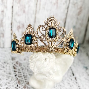 Tiara Headband Crown Bridal Wedding Gold Deep Blue Tiaras for Wedding Headpiece Crystal Queen Medieval Birthday crown adult Raw Party Dolce image 1