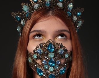 Crystal Mouth Mask Bronze Blue Rave Face mask designer Festival Burning Man Facemask Face Piece Halloween Steampunk Goth Half Rider covering