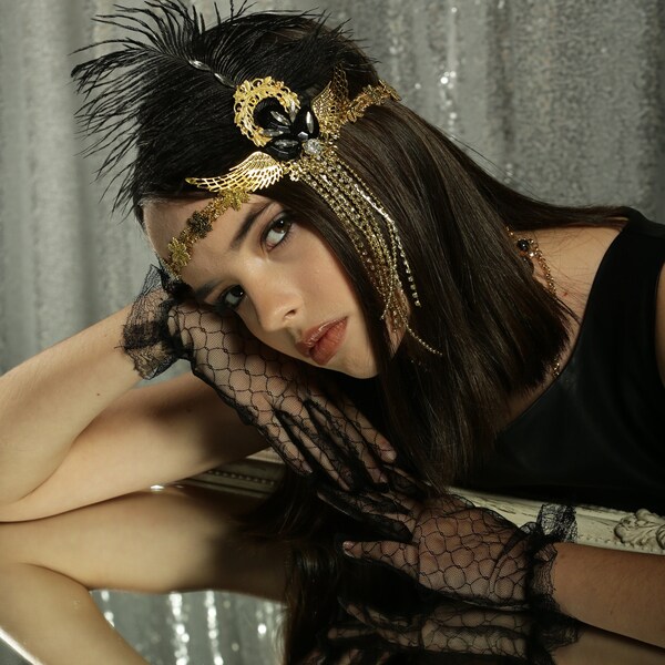 Black and gold The Great Gatsby 1920's flapper Headpiece headband, 1920s Headpiece ,gatsby Rhinestone headband gold chain flapper headpiece