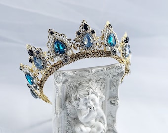 Gold Opal Crown Light Blue Tiara Bridal Wedding Swarovski Crystal Baroque Tiara Circlet Woman Crown Reign Bridal Crown Metal Headband Royal