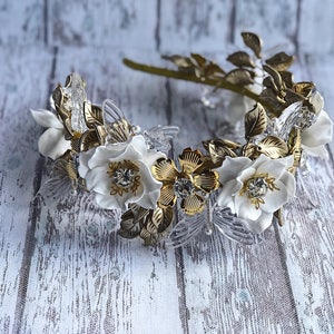 Flower 2024 gifts Wedding Crown Tiara Headband Gold Leaves White Floral Rhinestones replica Bridal Floral Rustic Bohemian pagan jewelry image 1