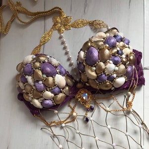 Gothic Mermaid bra with chains, 34DD in stock Purple green rhinestone  seashell bra. Halloween costume Ariel.