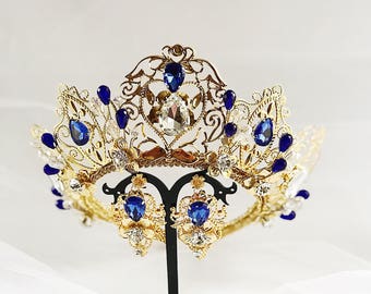 Wedding Crown Gold Blue Rhinestone Tiara Bridal Accessory Headpiece Earrings Party Tiara Metal Filigree Baroque Swarovski Byzantine Jewelry
