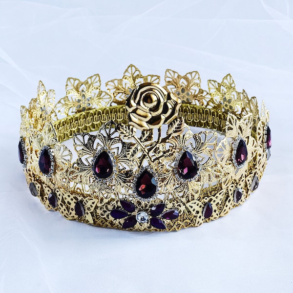 Burgundy Crown Crystal Baroque Royal Max Dolce style Wedding Male  Round King Queens Gold Headband unisex birthday Party Costume Mens gift