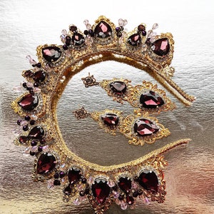 Wedding Crown Rhinestone Tiara Bridal Hair Accessory Headpiece Pageant Bride and Groom To Be Female Earrings Gold Deep Red Burgundy Birthday