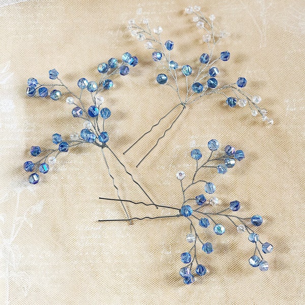 Something Blue Wedding Hair Pins Crystal Light Blue Bridal hair pins Crystal hair accessories Bridesmaid Silver Gift Wife hair piece holiday