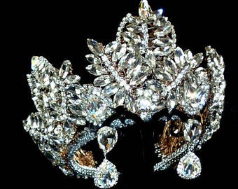 Royal wedding crystal Raw queen crown earrings White Swarovski Rose Gold Metal Miss Universe bridal Replica princess Tiara Diadem Jewelry