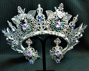 Silver Light purple Emerald blue rhinestone Wedding Bridal Crown crystal Taira Earrings Jewelry Set head piece Royal diamond birthday event