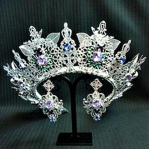 Silver Light purple Emerald blue rhinestone Wedding Bridal Crown crystal Taira Earrings Jewelry Set head piece Royal diamond birthday event