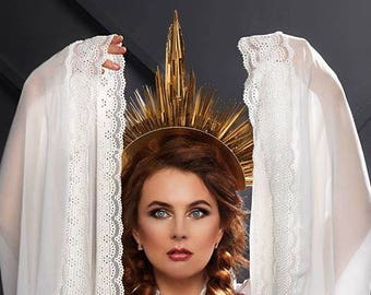 Gold Headdress Burning Man Queen Crown Fantasy Fest Costume Halloween Miami EDC EDM Showgirl headpiece Luxury Birthday girl Prom Wedding